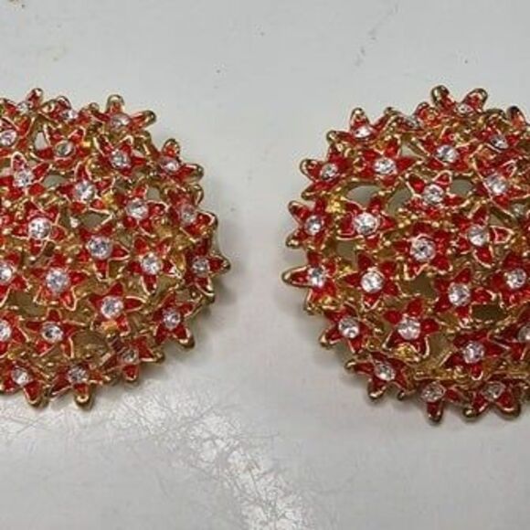 Red Enamel & Clear Glass Gold Tone Clip-On Earrings 1.75"L - Picture 1 of 3